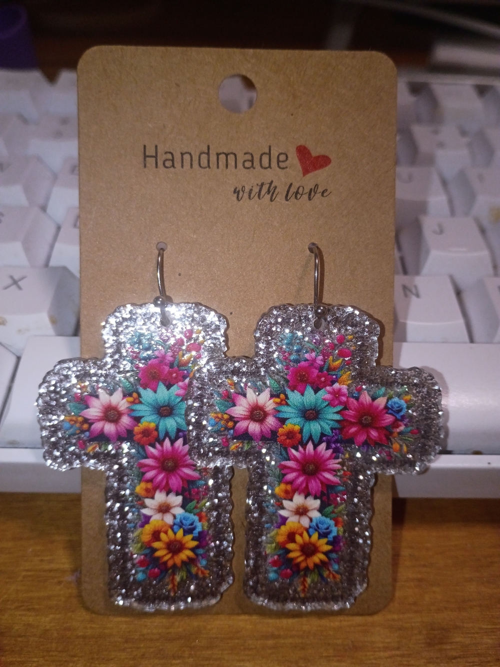 Handmade Silver Glitter Cross Earrings with Multicolor Floral Flower Design